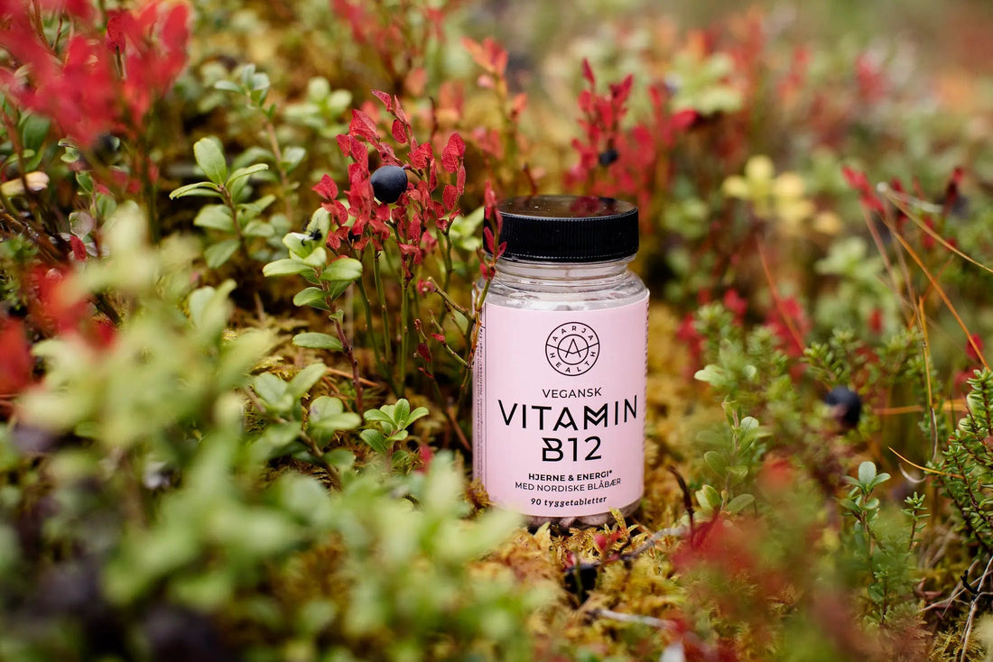 På en hvit bakgrunn ligger det en rot med blåbærlyng og en boks med B12-kosttilskudd