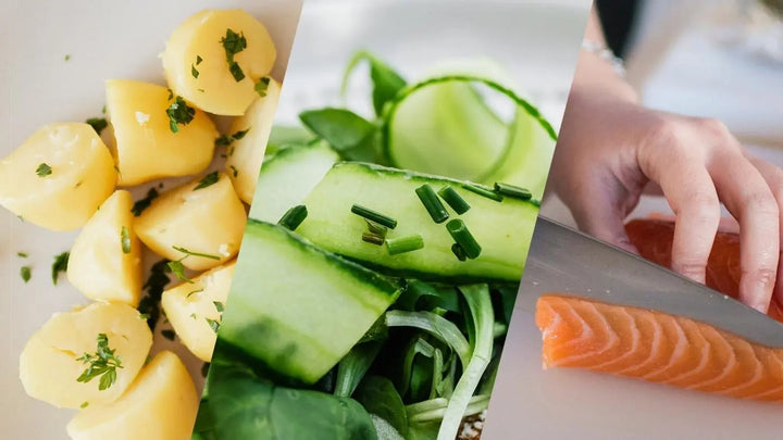 Et tredelt bilde hvor det fra venstre til høyre vises kokte og oppkuttede nypoteter, agurksalat i tynne skiver og noen som skjærer i en rå laks
