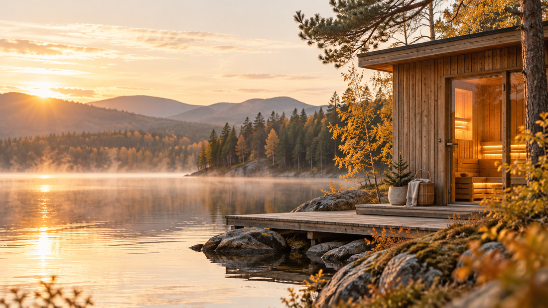 Badstue i tre ved innsjø i soloppgang, med brygge, høstskog og fjell i bakgrunnen